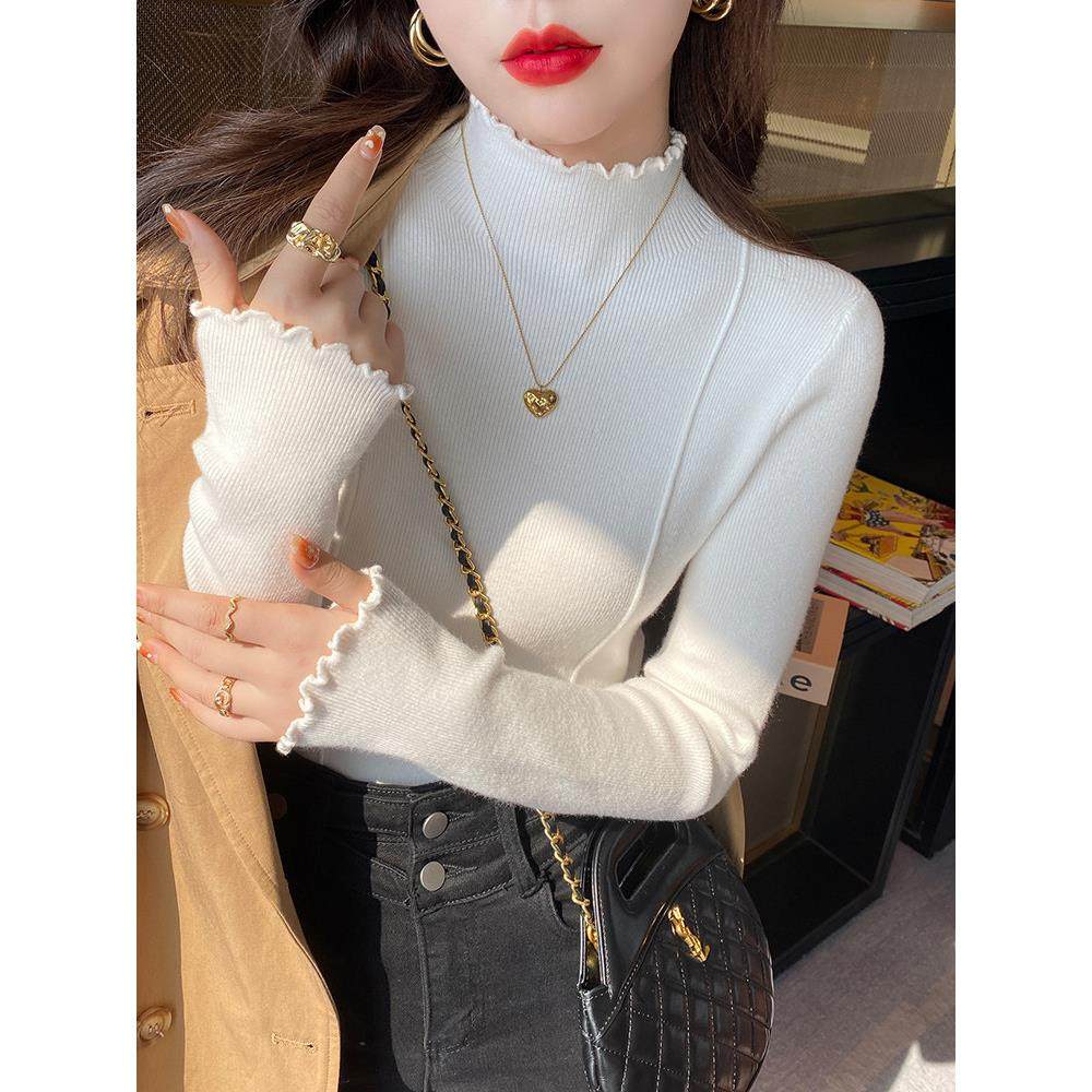 纯色打底衫女内搭时髦洋气2025秋冬新款木耳边半高领毛衣针织上衣,淘宝优惠券,粉丝福利购,淘宝优惠卷