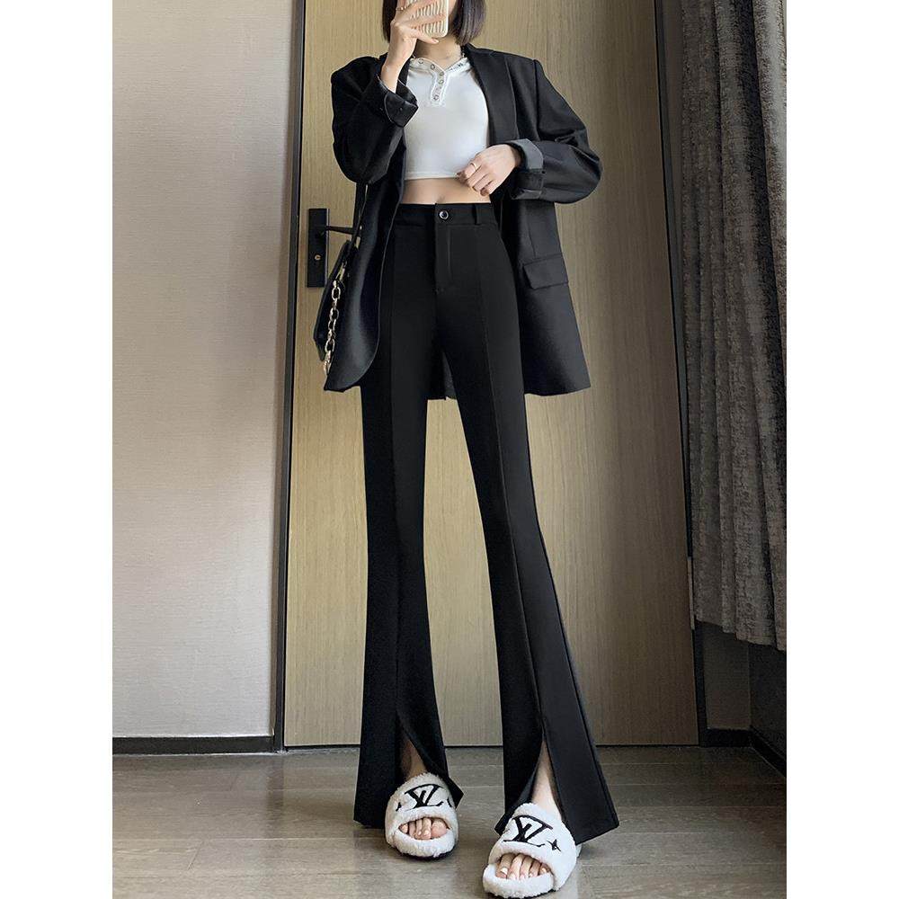 黑色微喇西装裤女夏2025新款高腰显瘦弹力开叉喇叭慵懒松弛感裤子,淘宝优惠券,粉丝福利购,淘宝优惠卷