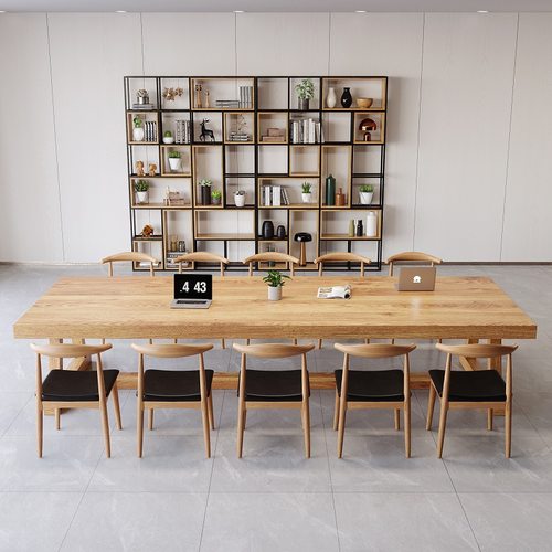 实木会议桌简约现代客厅大板长桌工业风桌椅组合大桌子洽谈工作台 - 图2