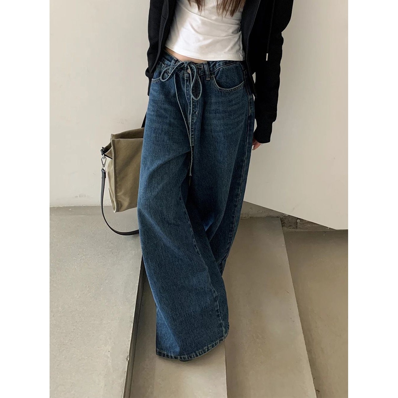 誉一新款2024春季慵懒风抽绳裤子女宽松百搭阔腿牛仔裤女6033,淘宝优惠券,粉丝福利购,淘宝优惠卷