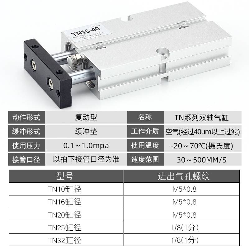 小型气动TDA双杆双轴气缸TN10/16/2025/2-10X15X20X30X40X530/-S - 图1