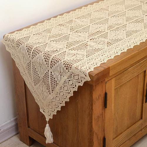 美式田园棉线线镂空餐桌布桌旗装饰布艺彷钩针茶几垫电视柜五斗橱 - 图2