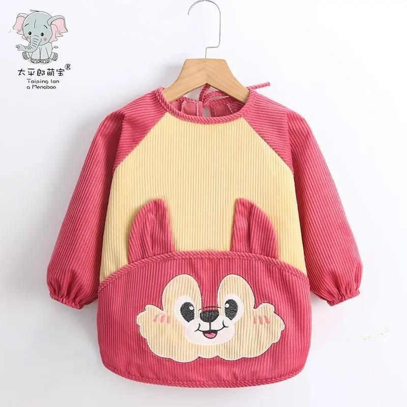 Baby bib bag for children over 3 years old, corduroy smock, cotton waterproof reverse dressing, baby eating apron protection
