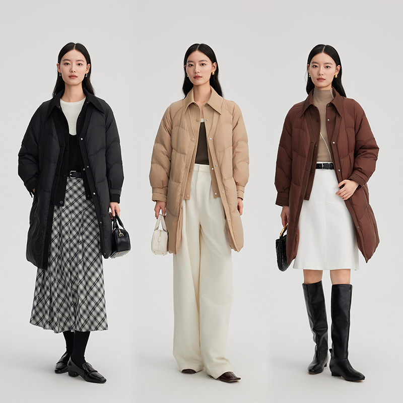 艾莱依新款羽绒服女设计感假两件拼接简约百搭长款大衣外套保暖,淘宝优惠券,粉丝福利购,淘宝优惠卷