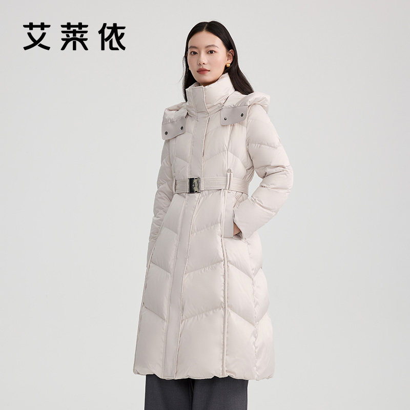 艾莱依冬季新款简约细带连帽长款羽绒服女气质修身加厚收腰外套,淘宝优惠券,粉丝福利购,淘宝优惠卷