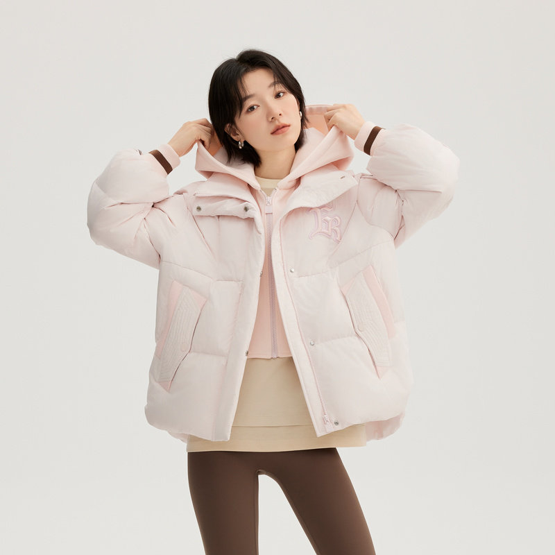 艾莱依假两件短款羽绒服女冬季新款美式时尚简约加厚条纹简约外套,淘宝优惠券,粉丝福利购,淘宝优惠卷