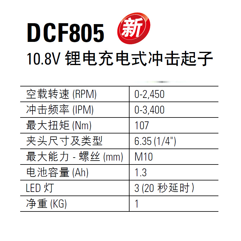 。正品得伟(DEWALT)10.8V专业锂电充电冲击起子电动螺丝刀DCF805C - 图3