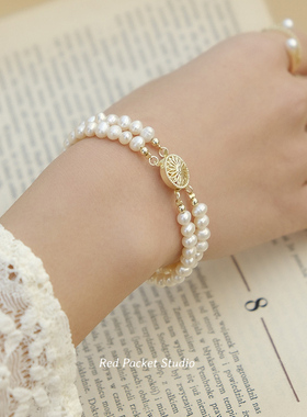 红口袋 宫廷风天然淡水珍珠双层手链法式复古圆盘镂空首饰手环女