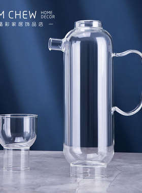 现代轻奢一壶两杯极简风透明玻璃冷水壶水杯 茶几玄关陈列软装饰