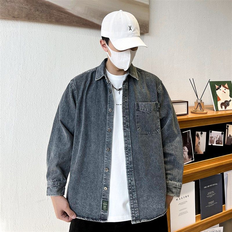 港版高端重磅做旧水洗工装牛仔衬衫男士秋季美式复古长袖衬衫外套,淘宝优惠券,粉丝福利购,淘宝优惠卷