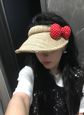 红色波点蝴蝶结空顶帽女