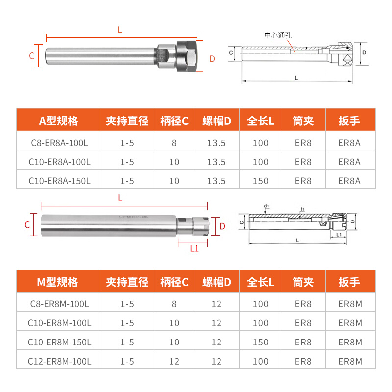 M型A型螺帽ER延长J杆数控直柄加长杆夹刀雕刻ER8ER11ER20ER32ER40 - 图2