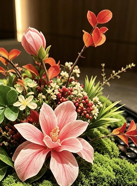 新中式餐桌花艺仿真花粉色百合永生苔藓植物餐厅酒店圆桌装饰摆件
