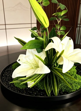 新中式百合花艺永生苔藓桌面装饰品会所别墅禅意摆件高级感摆花