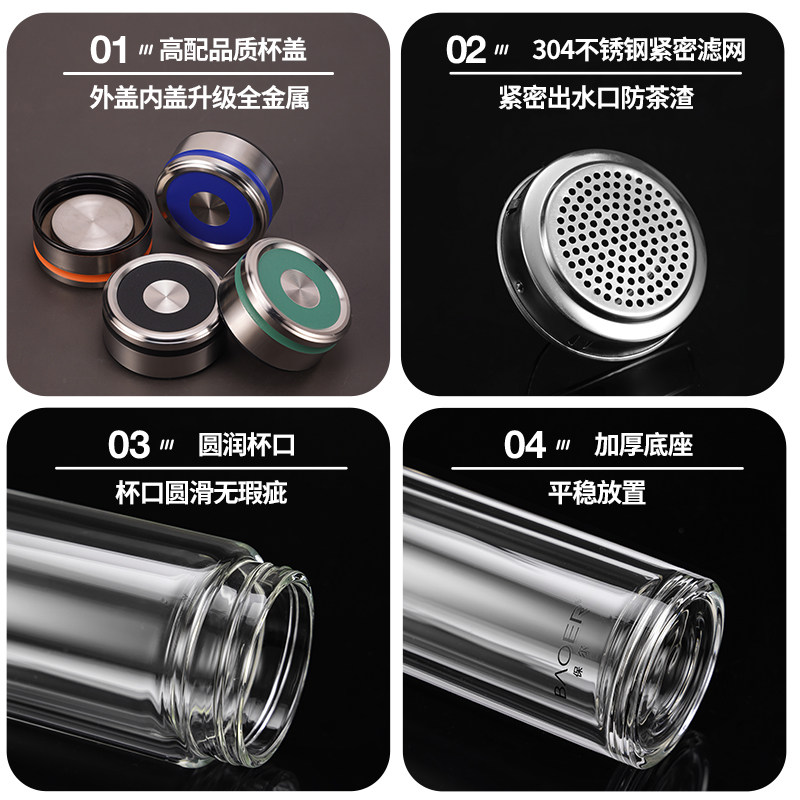 保尔双层玻璃杯男女加厚防烫耐高温水杯子金属盖家用高档办公泡茶,淘宝优惠券,粉丝福利购,淘宝优惠卷