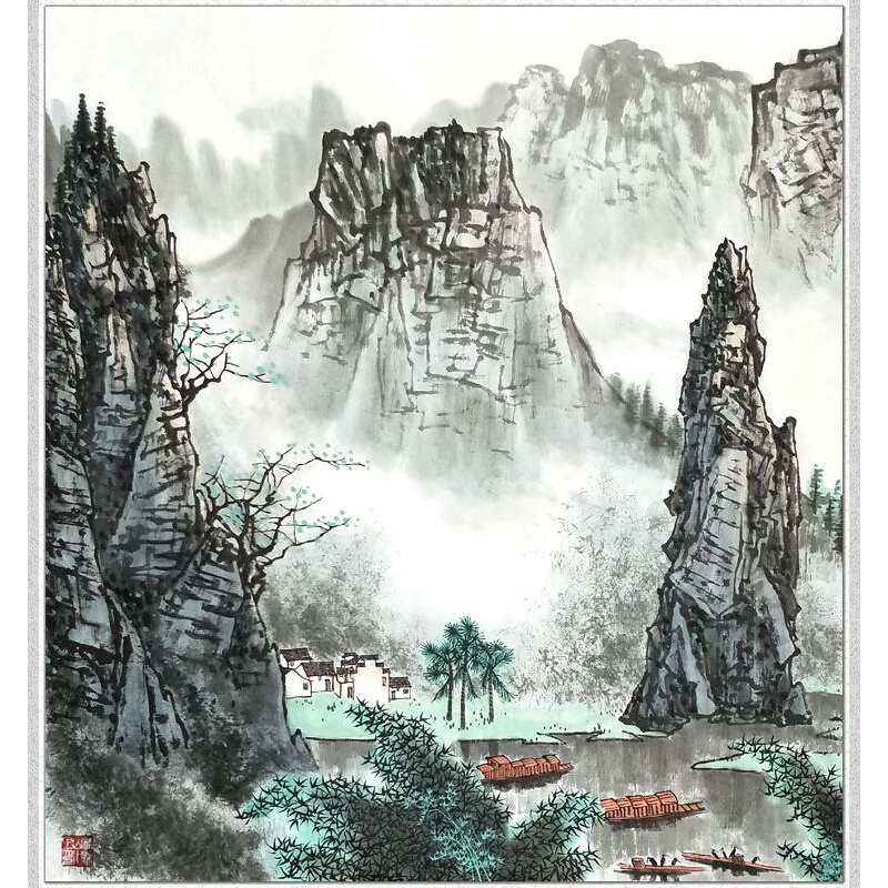 仿白雪石雨后云山 手绘山水画心 漓江渔舟 客厅横幅挂画 名人国画 - 图2