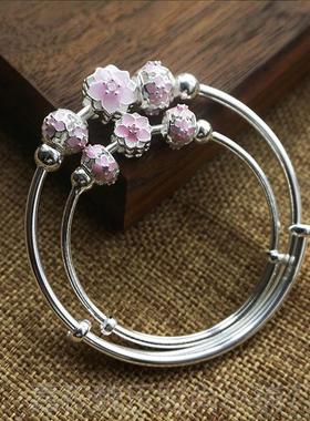 高档实心9999儿童三生三世桃女花纯银人女手镯足银情节送女友送儿