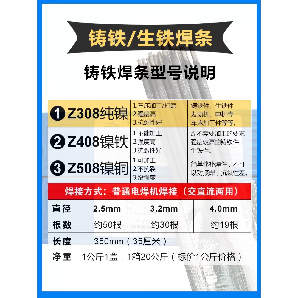 斯米克Z308纯镍铸铁焊条可加工z408镍铁万能生铁z508镍铜灰口球墨 - 图2