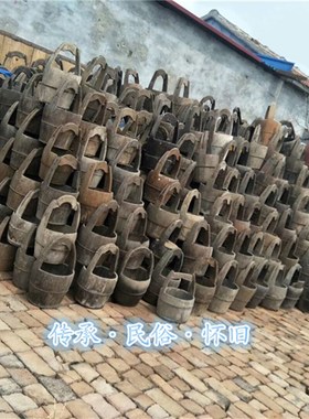 民俗怀旧老物件古代老木桶旧木盆老水桶手提旧木桶木盆实木花盆