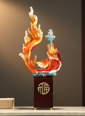 青龙鱼摆件入门客厅玄关壁柜竖长工艺品酒店办公室家居.装饰高级