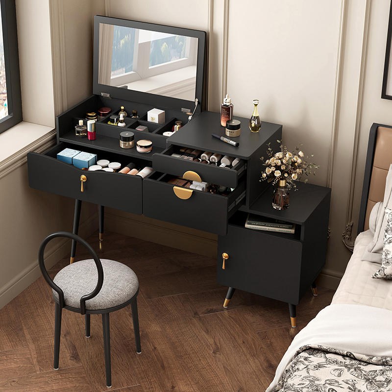 开尚黑色梳妆台卧室现代简约收纳柜一体北欧小户型伸缩翻盖化妆桌-图1