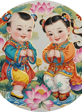 中国风招财福娃宝宝圆形贴纸门窗衣柜玄关客厅墙壁自粘防水贴纸画