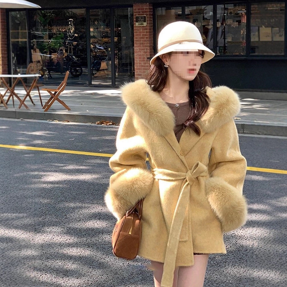 毛绒连帽网红毛呢大衣女高级感毛呢外套秋冬女燕麦白,淘宝优惠券,粉丝福利购,淘宝优惠卷