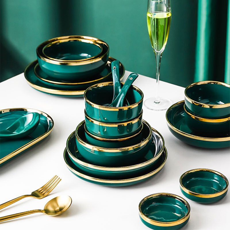 万享北欧轻奢碗碟套装家用祖母绿金边餐具陶瓷碗盘组合网红高颜值 - 图3