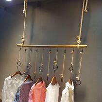 Clothing Store Hemp Rope Rings Hanging Wooden Stick Hanger Shop Furnishing Shelving Suspended Ceiling Hung Ceiling display Show