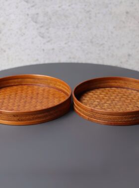 大漆竹编托盘圆形收纳筐中式奉茶盘茶杯茶具竹篮子竹制品竹制品