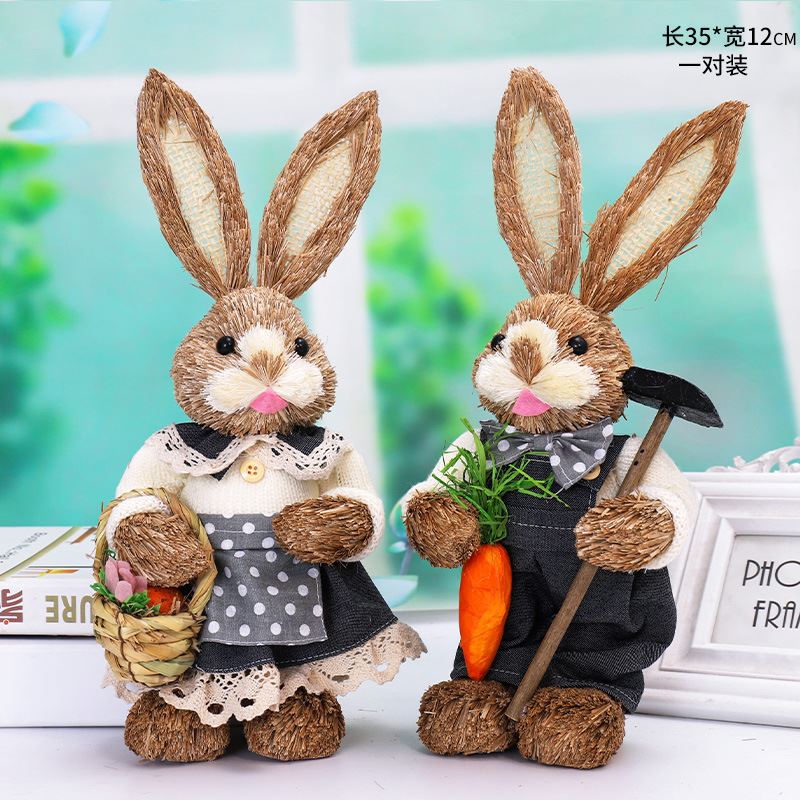 复活节兔子复活节装饰品创意花园装饰摆件稻草兔草编彩蛋仿真兔子 - 图2