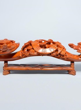 现货速发花梨木雕如意摆件五福临门实木质雕刻如意根雕家居客厅装