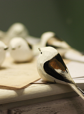 包邮 鹿妖商店 银喉 北长尾山雀 肥啾鸟 纯手工小鸟木雕 摆件