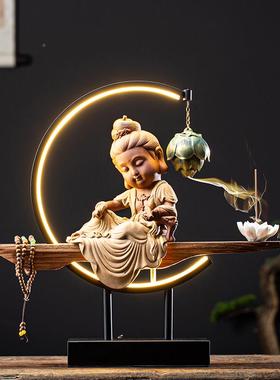 新中式禅意观客音萨如件来佛像摆陶jz202004菩瓷倒流香炉厅装饰