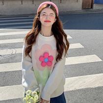 Sweet and gentle wind solid flowers round neckline sweater woman autumn and winter thickened outside wearing loose and slurred cardiovert clothes