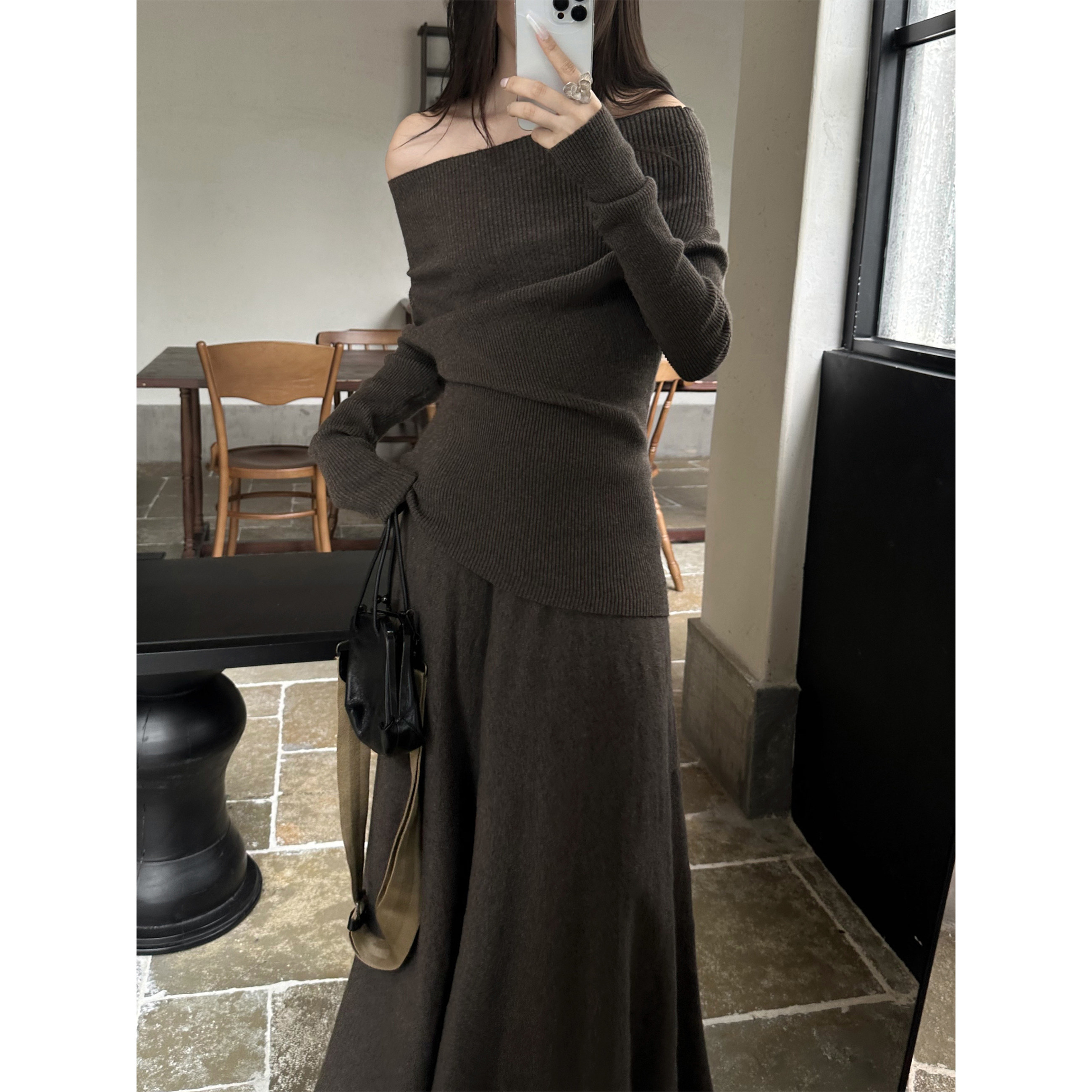 【美鹿莎专属】5werkwen rattan系列一字领大A摆半裙针织套装秋冬,淘宝优惠券,粉丝福利购,淘宝优惠卷