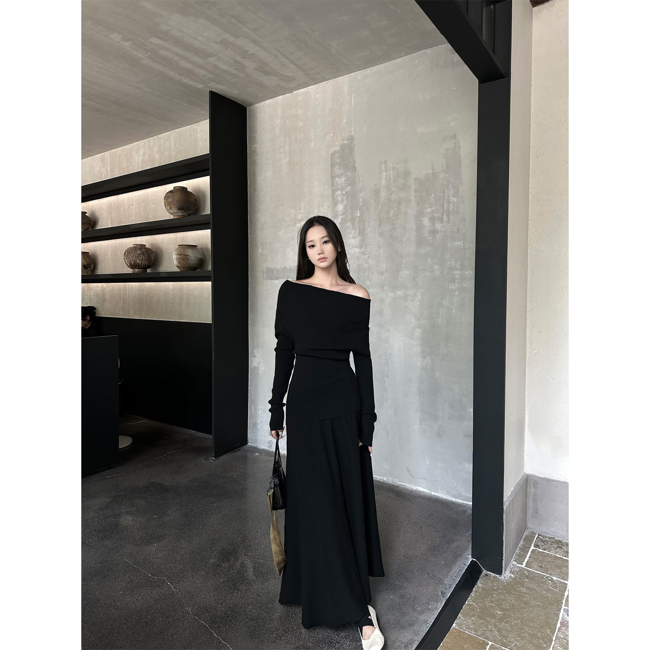 【美鹿莎专属】5werkwen rattan系列一字领大A摆半裙针织套装秋冬,淘宝优惠券,粉丝福利购,淘宝优惠卷