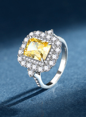 欧美纯银s925奢华女士冰花切戒指黄色方锆石镀白金舞会派对首饰