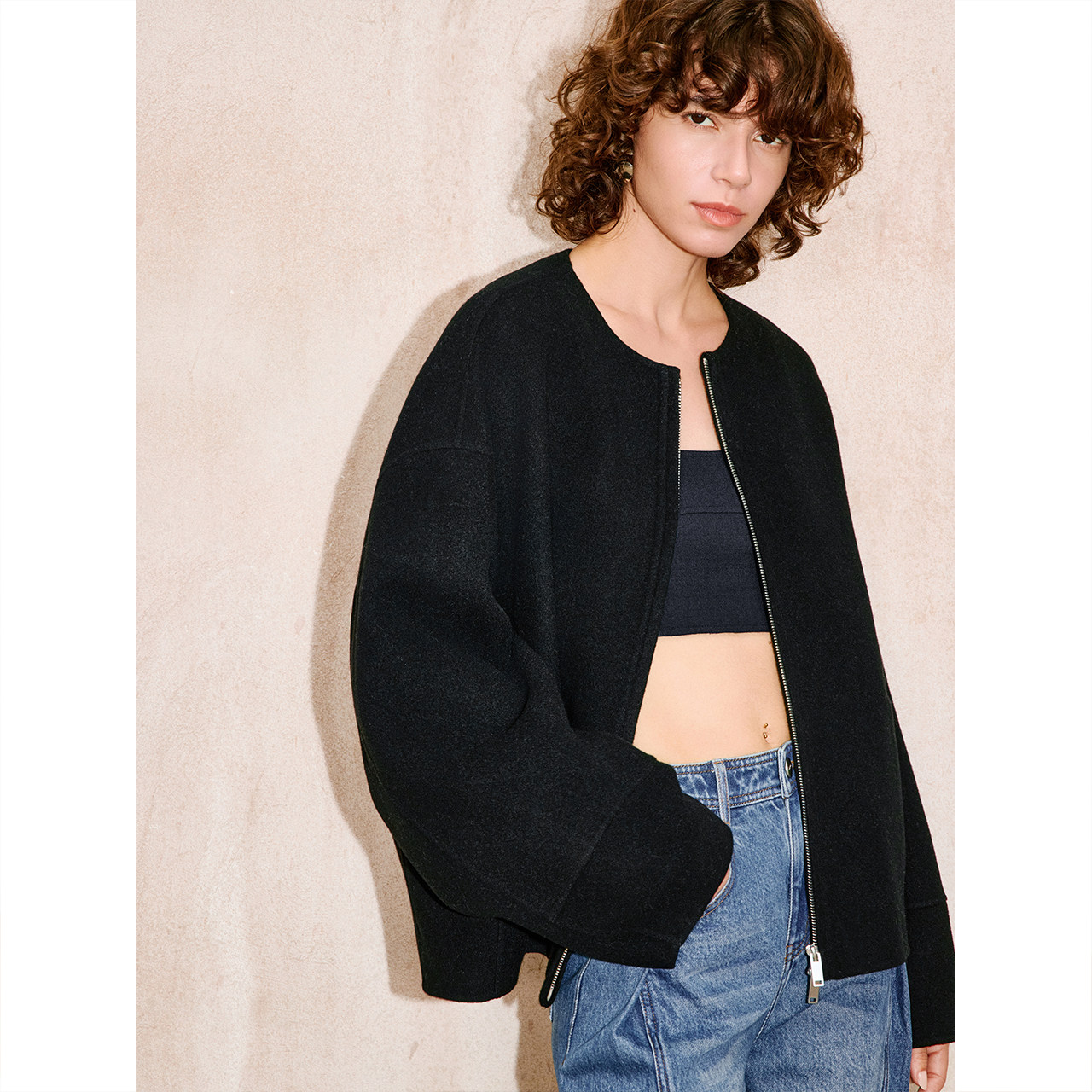 COVERINS100羊毛廓形毛呢短外套女简约夹克2025冬新款CC35510010,淘宝优惠券,粉丝福利购,淘宝优惠卷