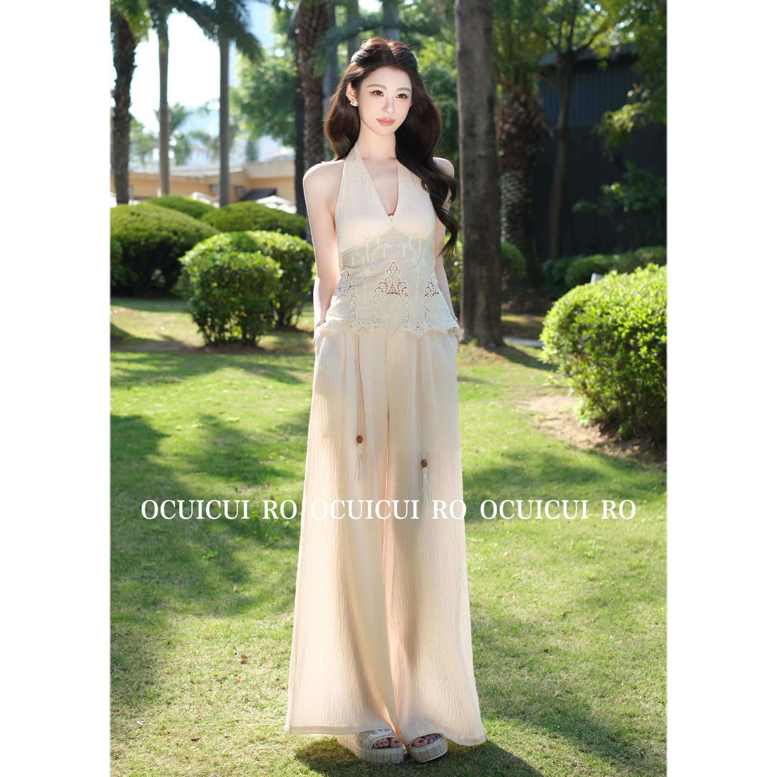 CUICUI崔崔【海岛之约】优雅无袖挂脖吊带背心女休闲裤度假风套装,淘宝优惠券,粉丝福利购,淘宝优惠卷