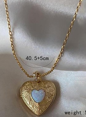 Lady Carve Heart Locket Opal Necklace Womens Alloy Jewellery