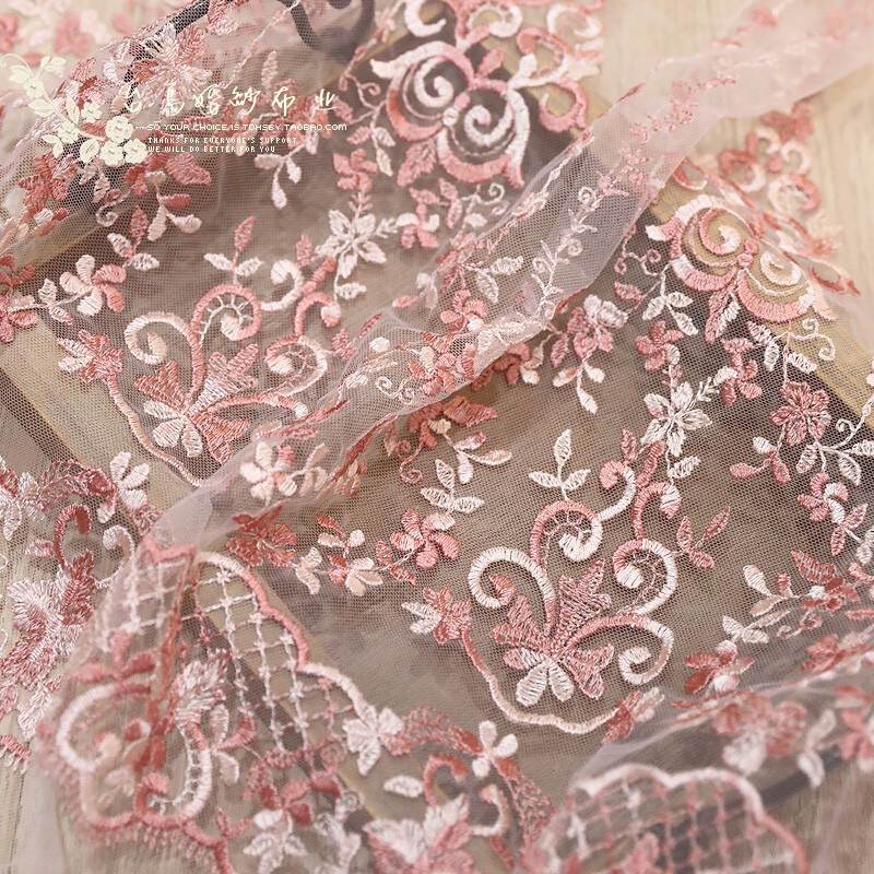 台岛浅粉+深粉色刺绣蕾丝m207甜美仙气十足连衣裙婚纱服装面料-图0