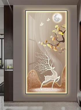入户玄关装饰轻奢福鹿高档竖版壁画现代走廊过道镶钻LED灯光挂画