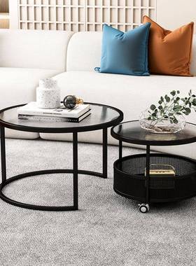 轻奢简约现代玻璃圆形桌2024新款小户型家用奶油风可移动茶几客厅