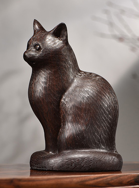 黑檀木雕猫摆件吉祥动物可爱小猫B红木家居装饰实木开业送礼工艺