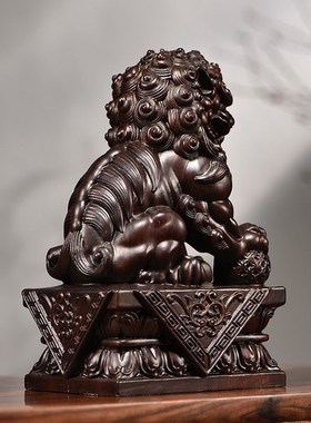 黑檀木雕狮子摆h件一对狮子实木质家居门口客厅创意装饰摆设工艺