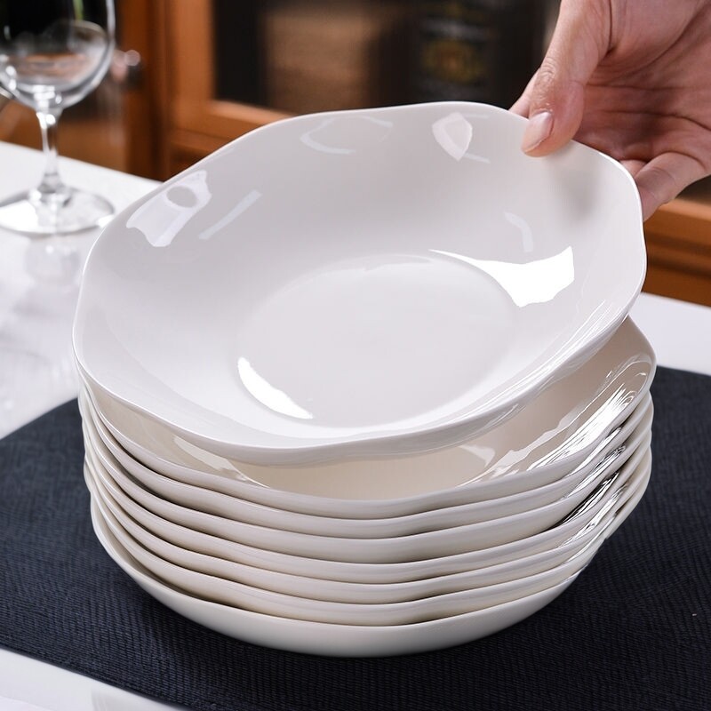 纯白陶瓷梅花盘荷叶盘花瓣盘深盘家用炒菜盘子水果盘凉菜盘异形盘
