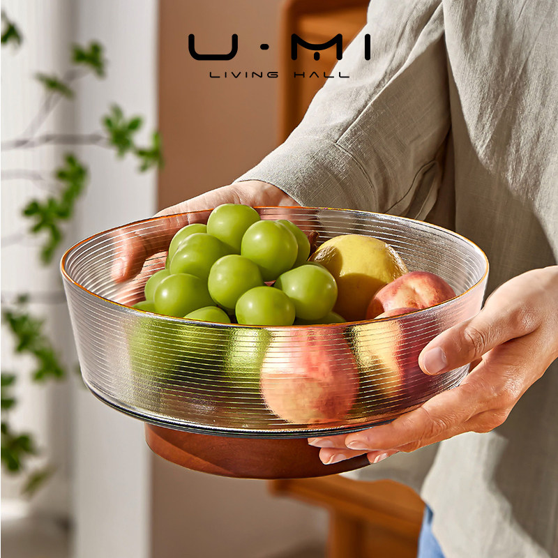 U Mi LIVING · 纹澈 | 果盘轻奢玻璃水果盘实木底座透明条纹果篓,淘宝优惠券,粉丝福利购,淘宝优惠卷