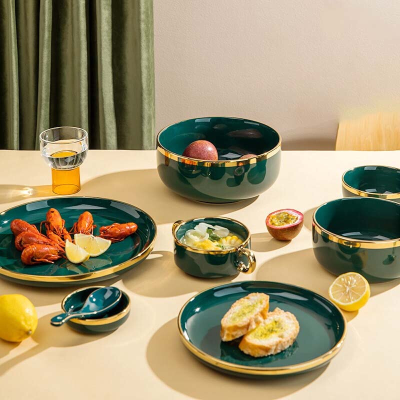 欧式轻奢金边祖母绿陶瓷米饭碗盘碗筷碟碗餐具一人食套装家用组合 - 图2