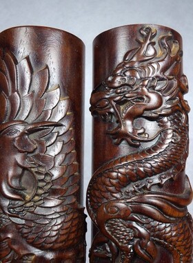 古玩古董收藏花梨木精雕细u琢南山不老松龙凤呈祥书房镇尺收藏品